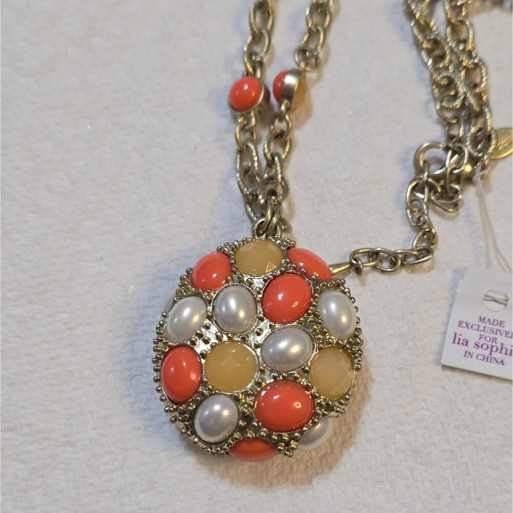 Lia Sophia Empress Coral Orange Faux Pearl Pendant Station Chain Gold Necklace